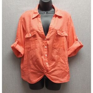 INC International Concepts Linen Top XL Button Twist Hem Roll Tab V-Neck Coral